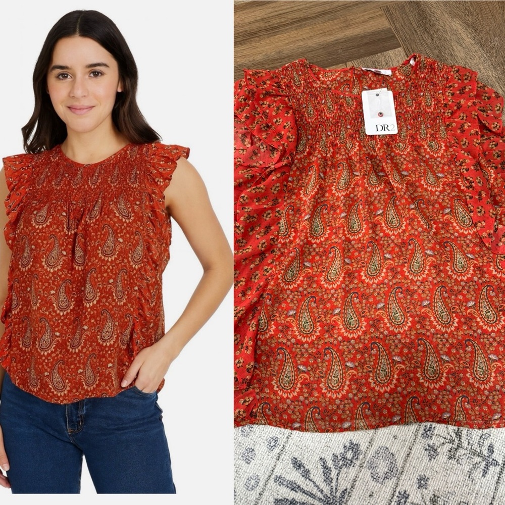 DR2 Burnt Orange Paisley Ruffle Blouse NWT